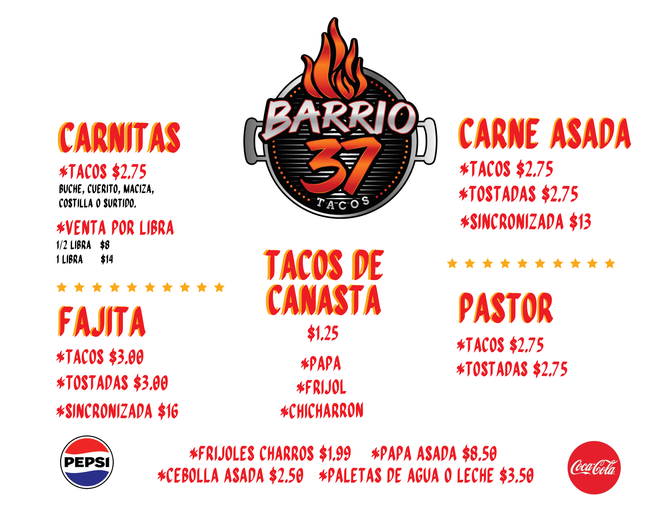 Imagen del menú de la taquería Barrio 37
